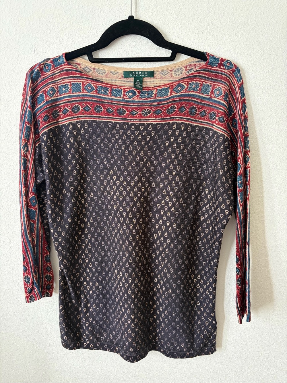 Lauren Ralph Lauren Boho Paisley Border Print Boat Neck Top Size M